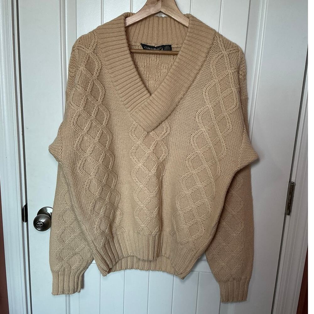 Vintage Calvin Klein 70s Men's Wool Cable Sweater Large Cream